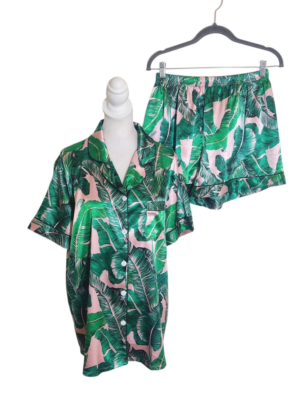 Green and Pink Tropical Palm Print Satin Pajama Set Size Large